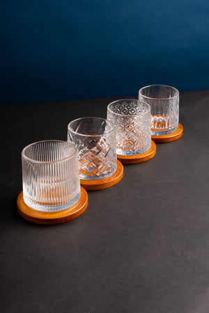 Carraig Donn Set of 4 Crystal Whiskey Glasses with Wooden Coaster