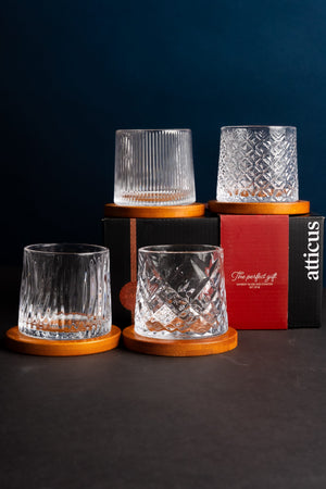 Carraig Donn Set of 4 Crystal Whiskey Glasses with Wooden Coaster