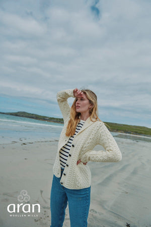 Carraig Donn Shawl Collar Cream Aran Cardigan