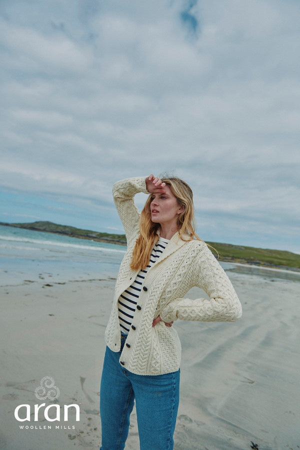 Carraig Donn Shawl Collar Cream Aran Cardigan