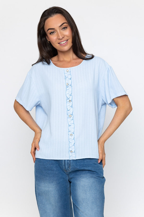 Carraig Donn Short Sleeve Frill Front Rib Top in Blue