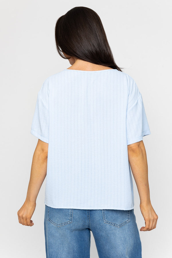 Carraig Donn Short Sleeve Frill Front Rib Top in Blue