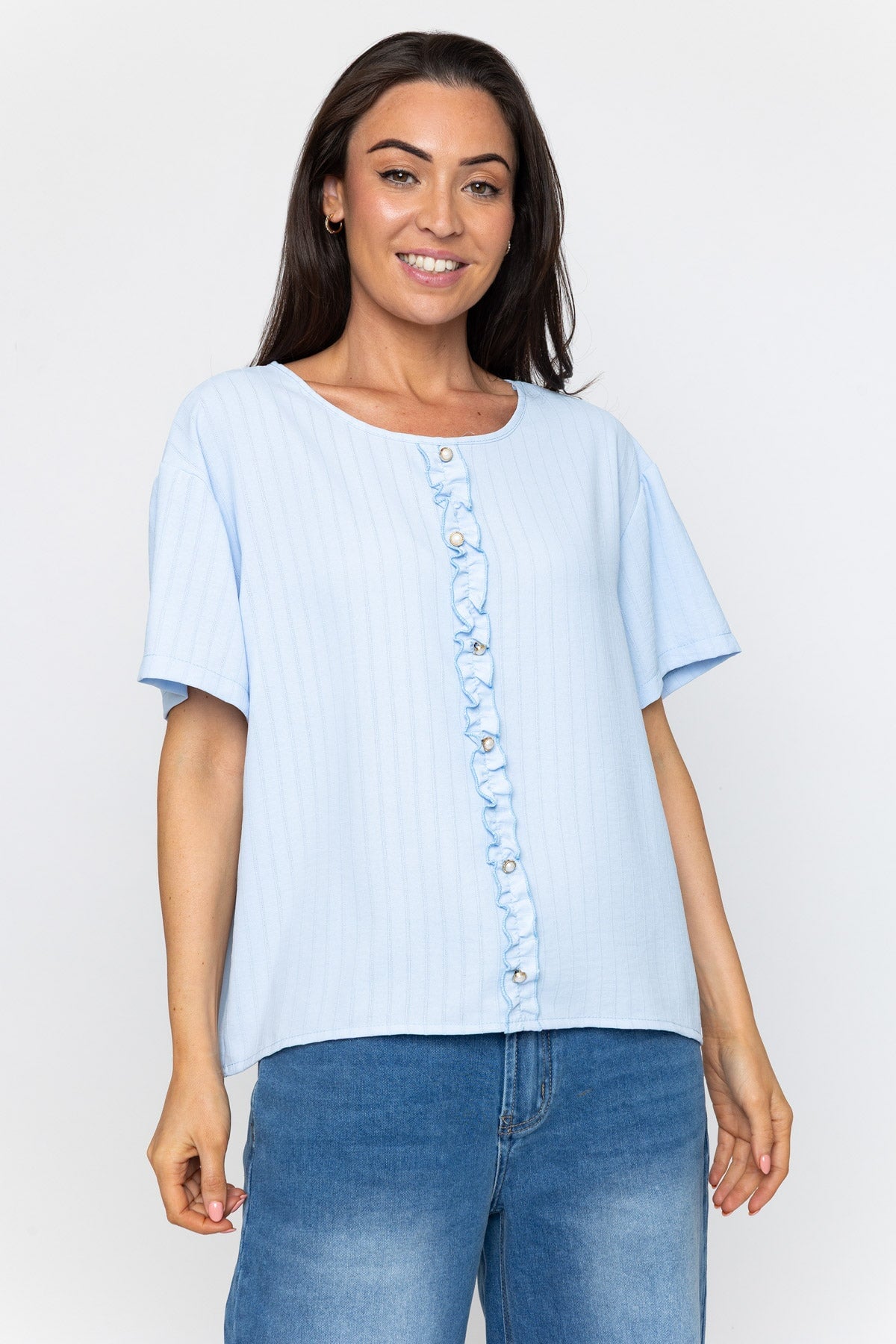 Short Sleeve Frill Front Rib Top in Blue