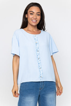 Carraig Donn Short Sleeve Frill Front Rib Top in Blue