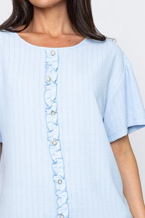 Carraig Donn Short Sleeve Frill Front Rib Top in Blue