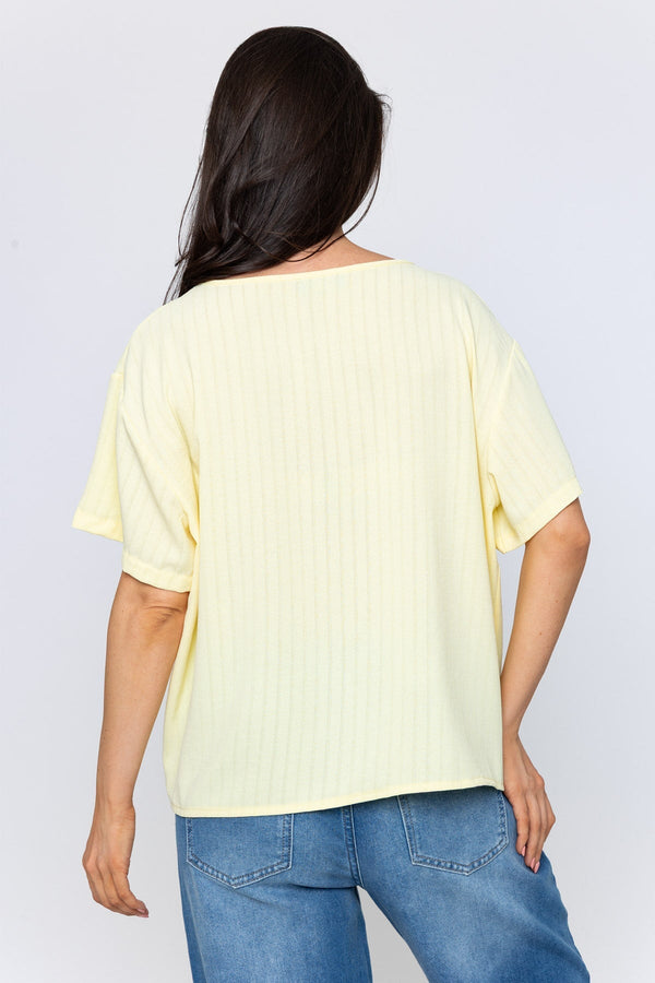 Carraig Donn Short Sleeve Frill Front Rib Top in Yellow