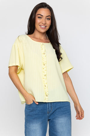 Carraig Donn Short Sleeve Frill Front Rib Top in Yellow