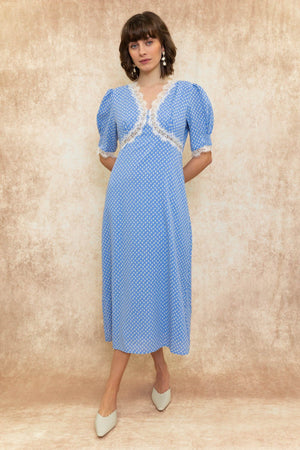 Carraig Donn Short Sleeve Lace Detail Midi Dress in Blue