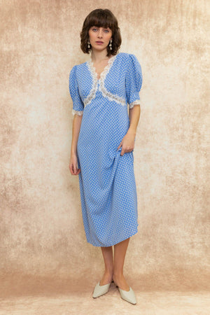 Carraig Donn Short Sleeve Lace Detail Midi Dress in Blue