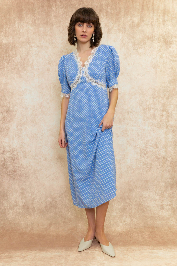 Carraig Donn Short Sleeve Lace Detail Midi Dress in Blue