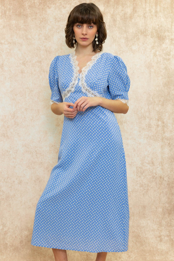 Carraig Donn Short Sleeve Lace Detail Midi Dress in Blue