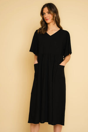 Carraig Donn Short Sleeve Linen Blend Smock Midi Dress in Black