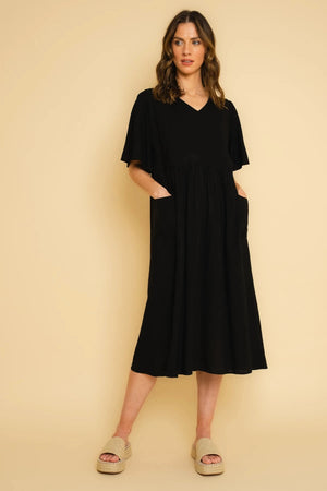 Carraig Donn Short Sleeve Linen Blend Smock Midi Dress in Black