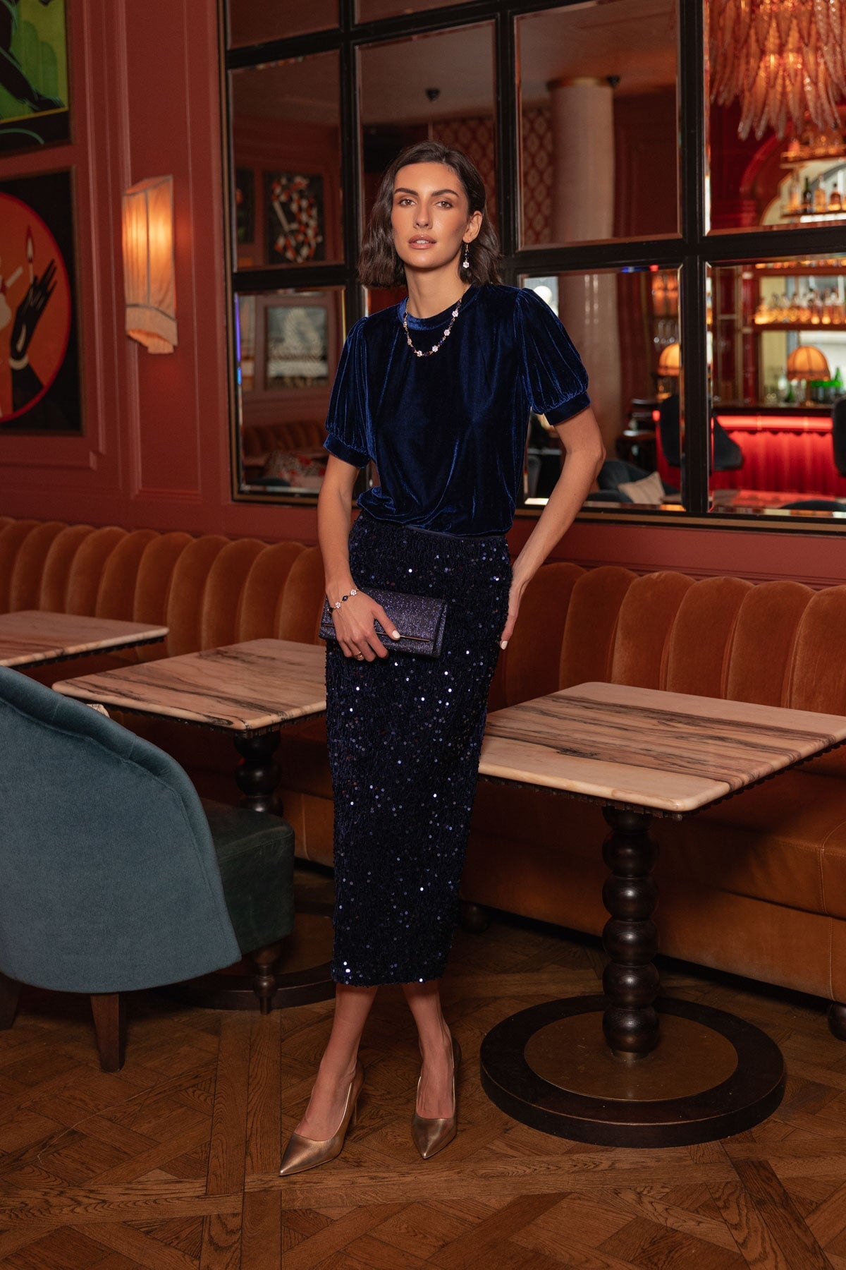 Navy Sequin Midi Skirt