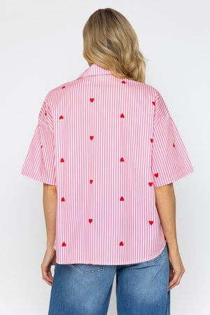 Carraig Donn Short Sleeve Stripe Heart Shirt in Pink