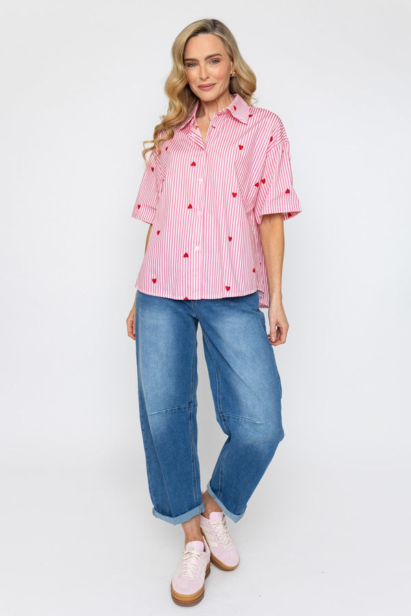 Carraig Donn Short Sleeve Stripe Heart Shirt in Pink