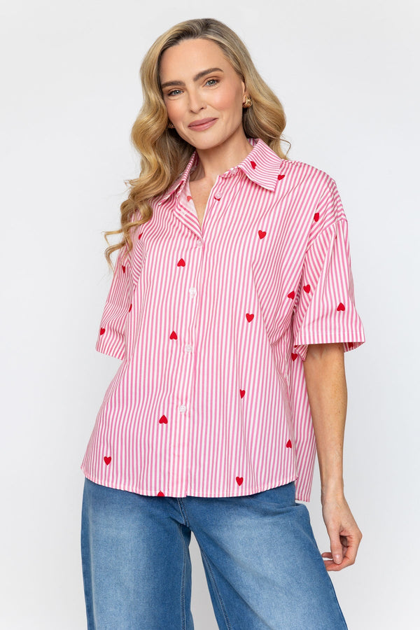 Carraig Donn Short Sleeve Stripe Heart Shirt in Pink