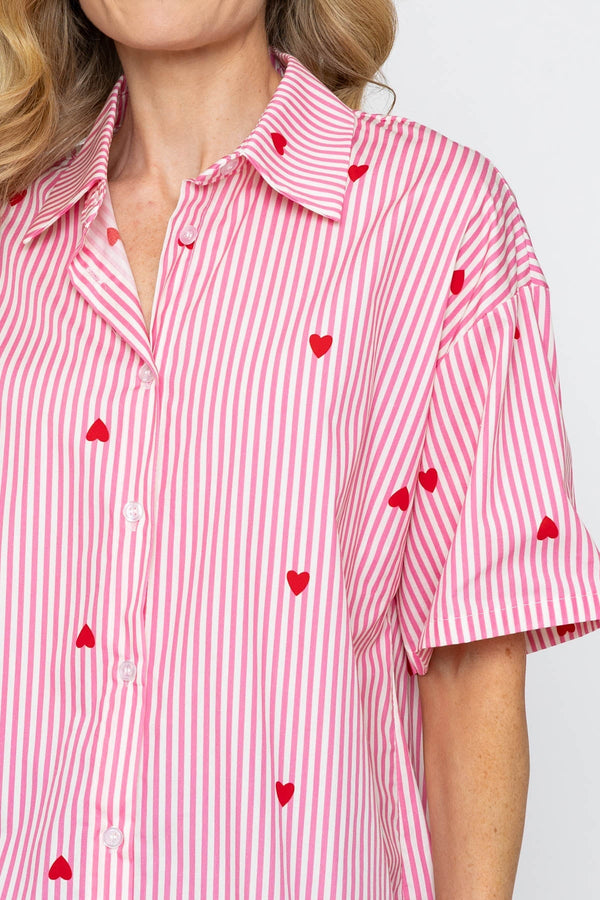 Carraig Donn Short Sleeve Stripe Heart Shirt in Pink