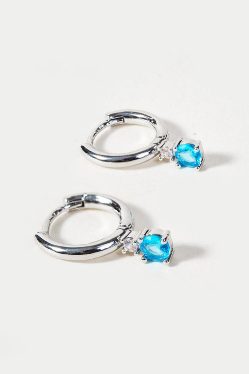 Silver Hoop Earrings With Blue Stone