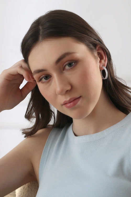 Silver Plated Baguette CZ Hoop Earrings