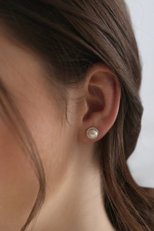 Silver Plated Pearl Earrings with Clear Stones