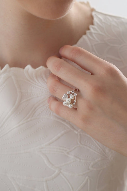 Silver Plated Pearl Ring with Clear Stones