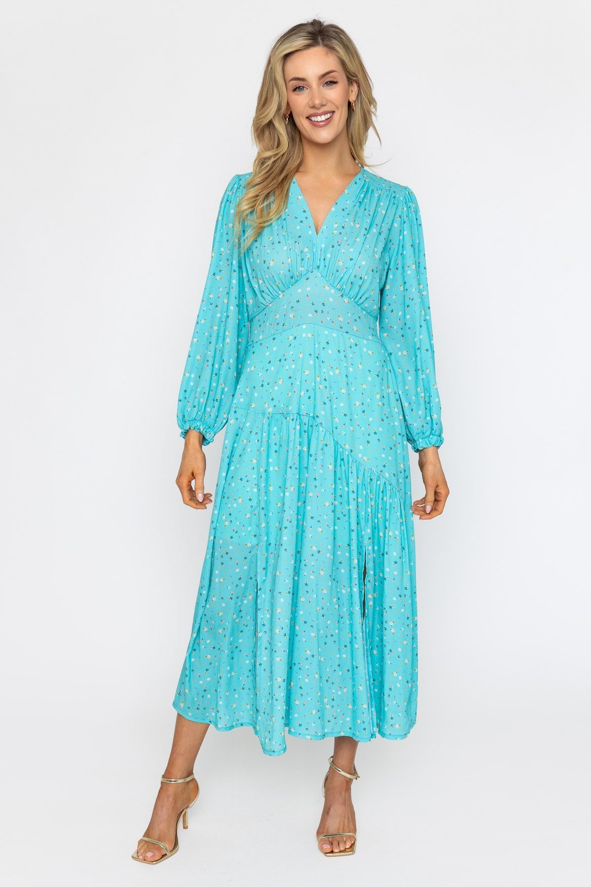 Siobhan Long Sleeve Aqua Print Midi Dress