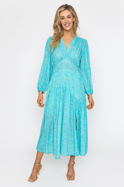 Siobhan Long Sleeve Aqua Print Midi Dress
