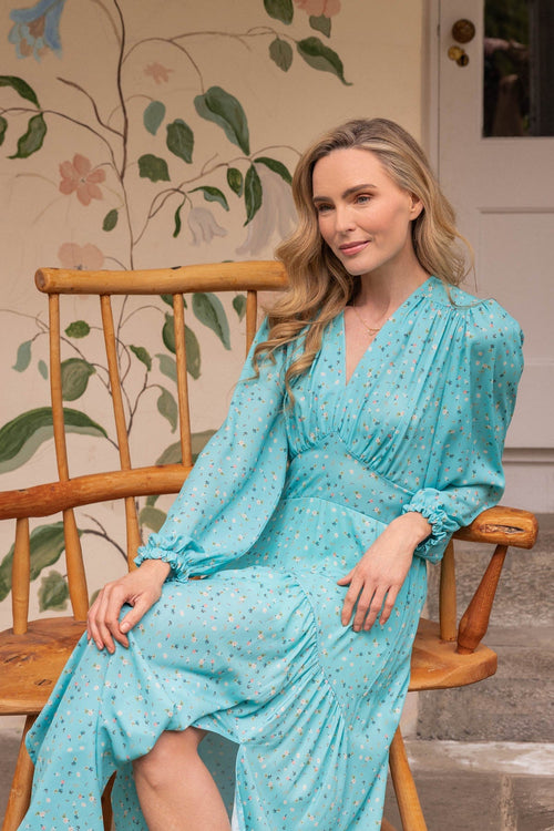 Siobhan Long Sleeve Aqua Print Midi Dress