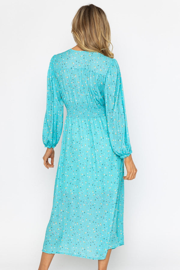 Carraig Donn Siobhan Long Sleeve Aqua Print Midi Dress
