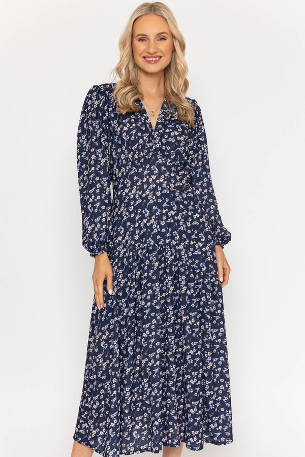 Carraig Donn Siobhan Long Sleeve Navy Print Midi Dress