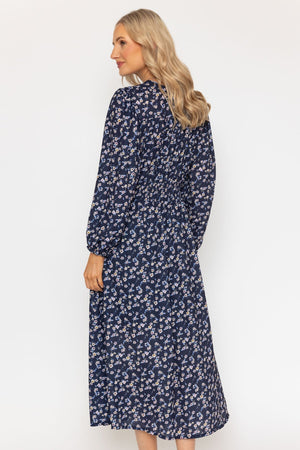 Carraig Donn Siobhan Long Sleeve Navy Print Midi Dress