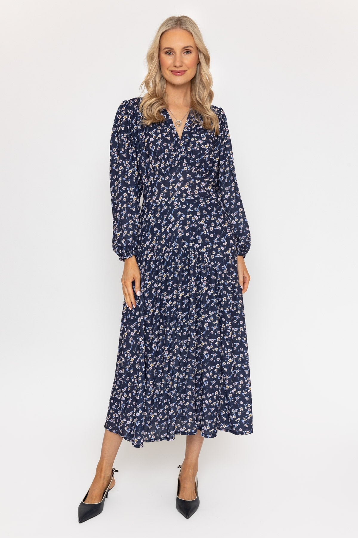 Siobhan Long Sleeve Navy Print Midi Dress