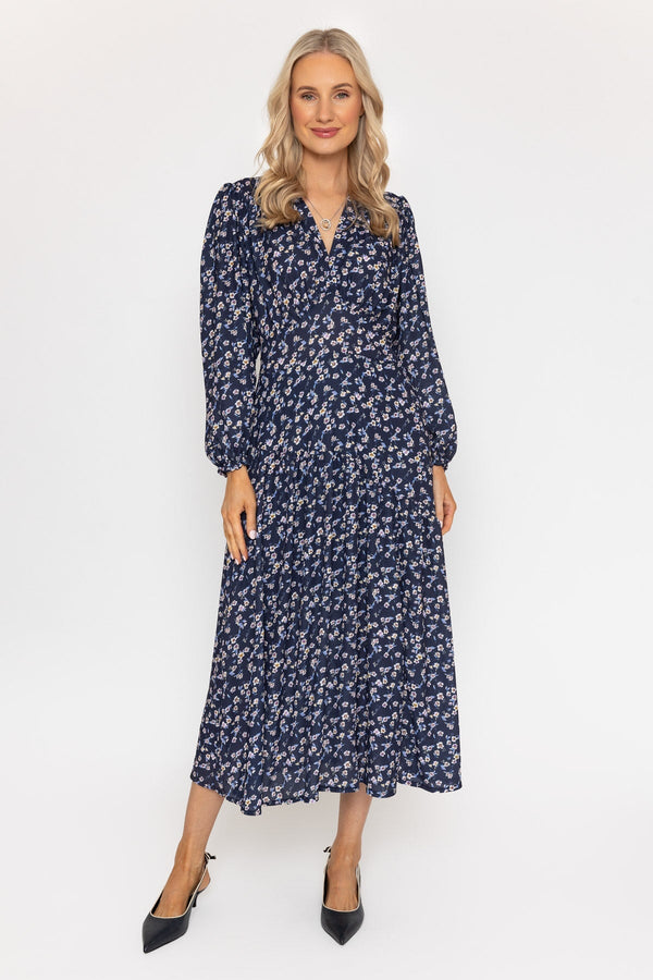 Carraig Donn Siobhan Long Sleeve Navy Print Midi Dress