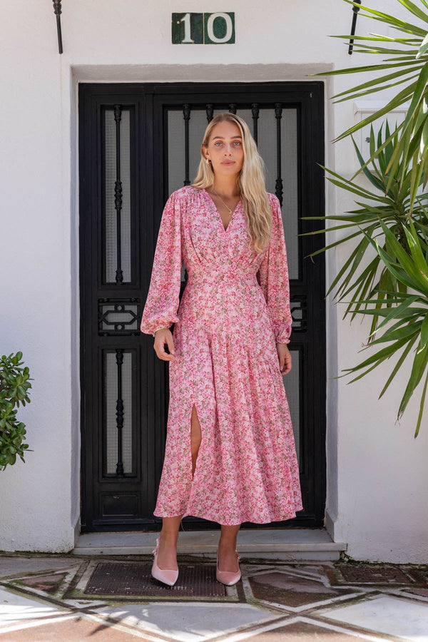 Long Sleeve Pink Print Midi Dress | Ladies Fashion
