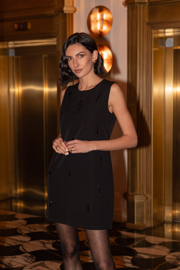 Carraig Donn Sleeveless Black Beaded Mini Dress