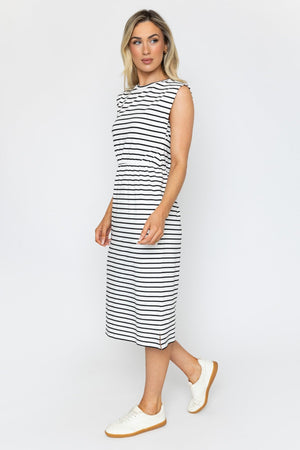 Carraig Donn Sleeveless Black & White Striped Jersey Midi Dress