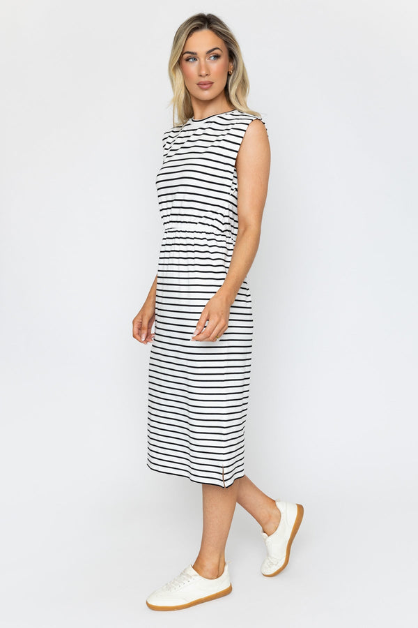Carraig Donn Sleeveless Black & White Striped Jersey Midi Dress
