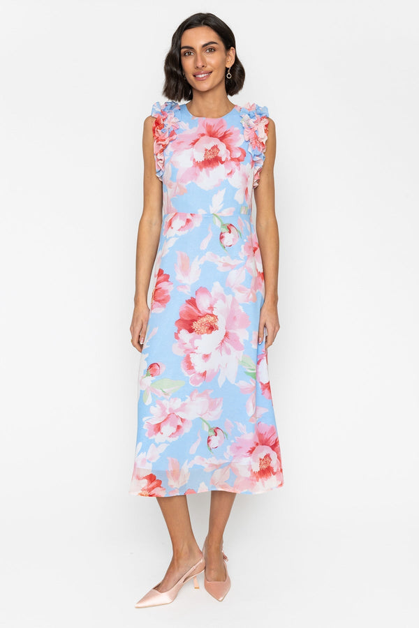 Carraig Donn Sleeveless Blue Midi Dress with Pink Floral Print