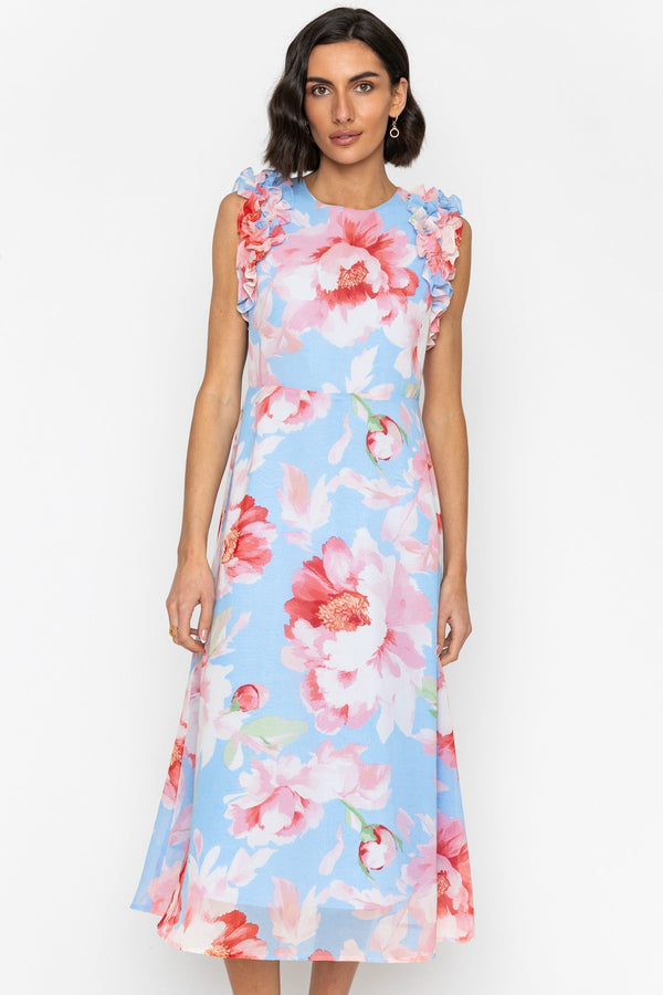 Blue Midi Dress with Pink Floral Print