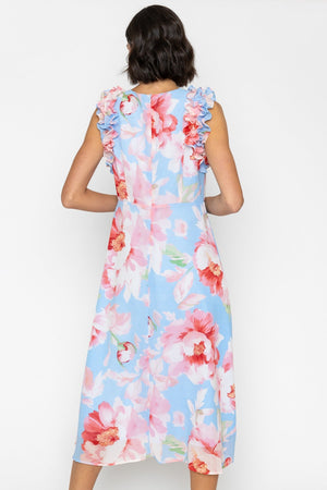 Carraig Donn Sleeveless Blue Midi Dress with Pink Floral Print