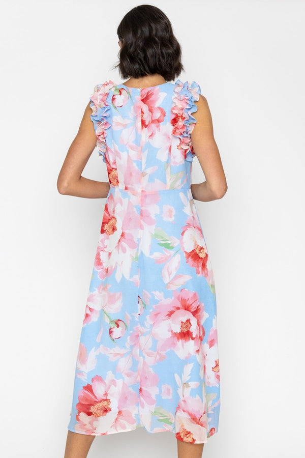strapless open back dress Blue Midi Dress with Pink Floral Print