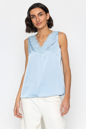 Carraig Donn Sleeveless Lace Satin Top in Blue