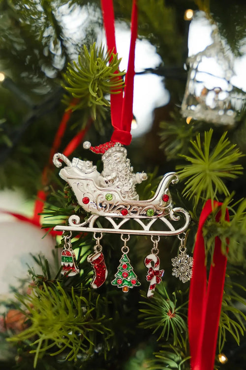 Silver Santa On Sleigh With Red Ribbon Tree Decoration