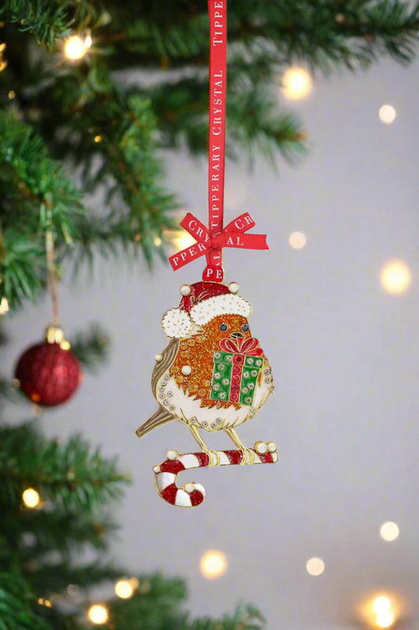 Carraig Donn Sparkle Robin Candy Cane Tree Decoration