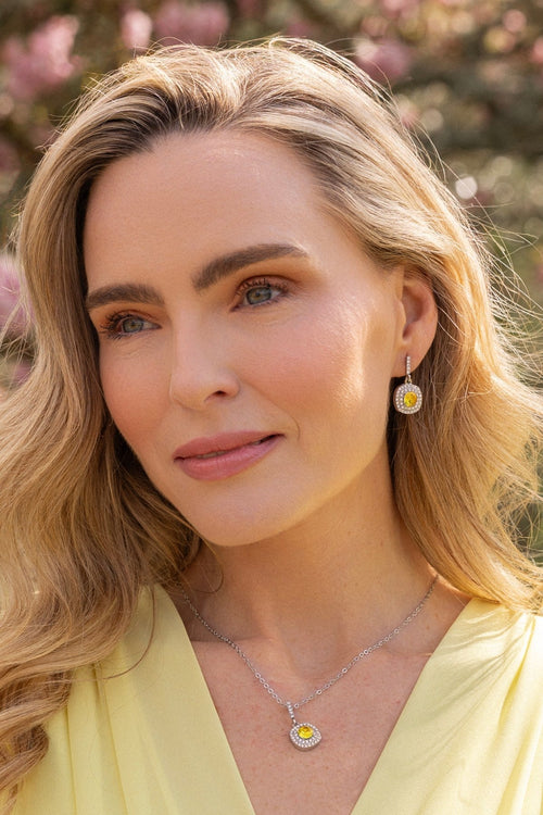 Square Yellow Stone Pendant Necklace & Earrings Set