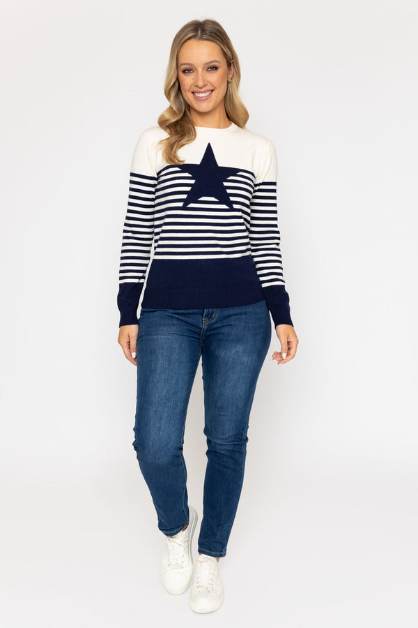 Carraig Donn Star Stripe Knit Jumper in Navy