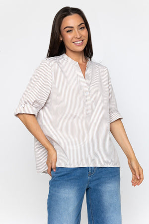 Carraig Donn Stripe Collarless Shirt in Beige