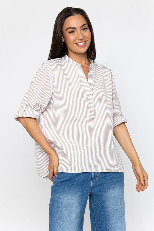 Carraig Donn Stripe Collarless Shirt in Beige