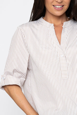 Carraig Donn Stripe Collarless Shirt in Beige